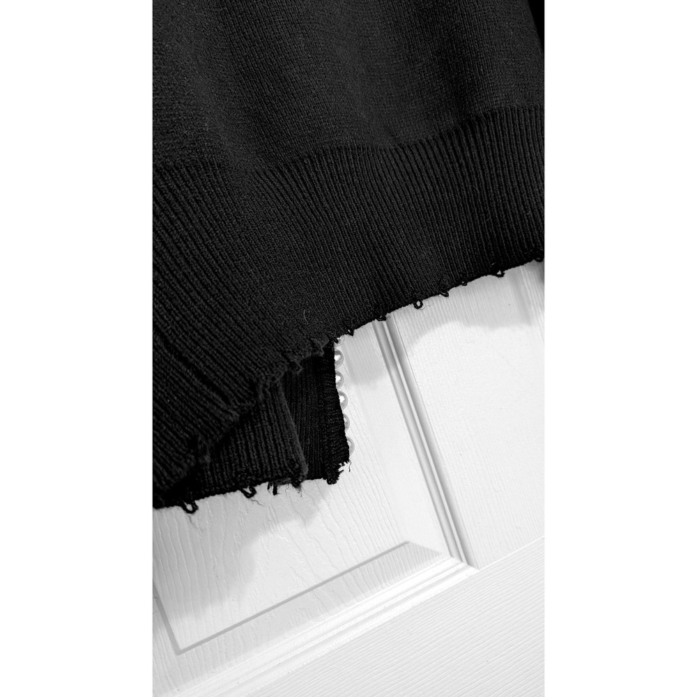 Commense Black Pearl Trim Distressed Ribbed Knit Cardigan Sweater Womens Large - Picture 3 of 5